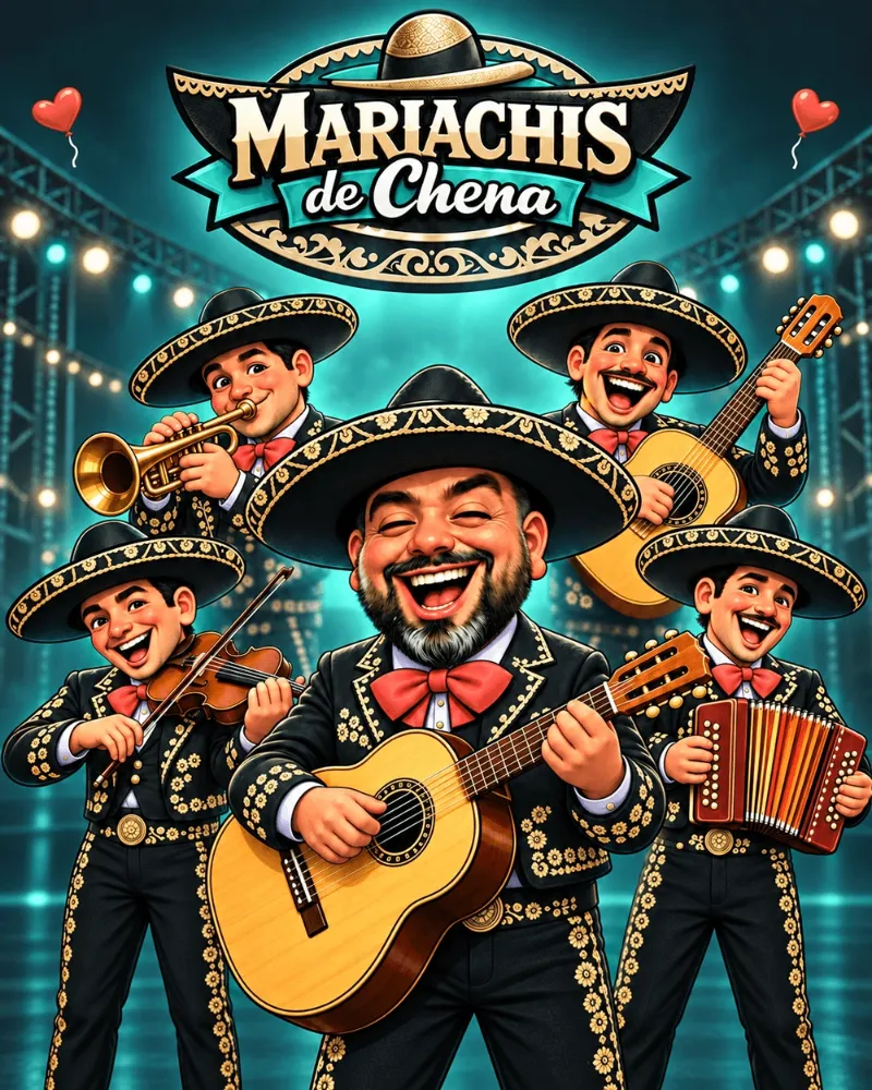 Ilustración del grupo Mariachis de Chena tocando trompeta, guitarrón, violín y acordeón